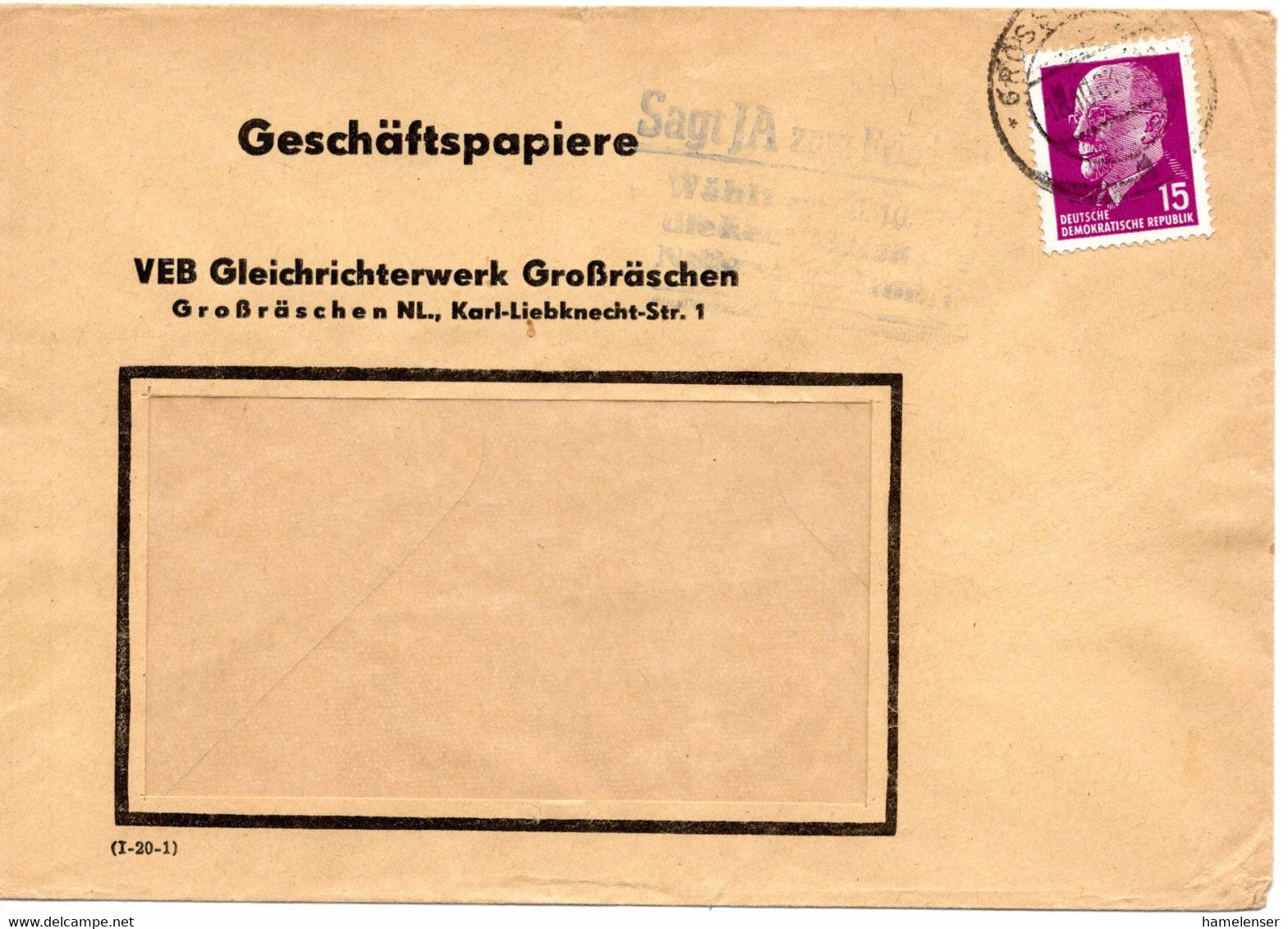 58043 - DDR - 1963 - 15Pfg Ulbricht EF A Geschaeftspapiere-FensterBf GROSSRAESCHEN, M. Etw. Undeutl. Propagandastpl - Briefe U. Dokumente