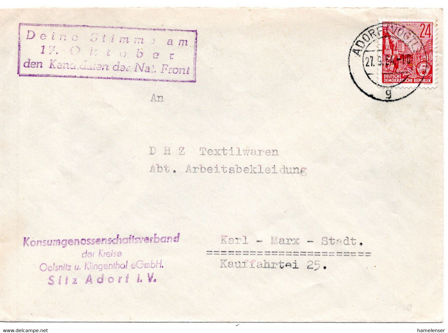 58046 - DDR - 1954 - 24Pfg Fuenfjahrplan EF A Bf ADORF -> Karl-Murx-Stadt, M. Propagandastpl - Cartas & Documentos