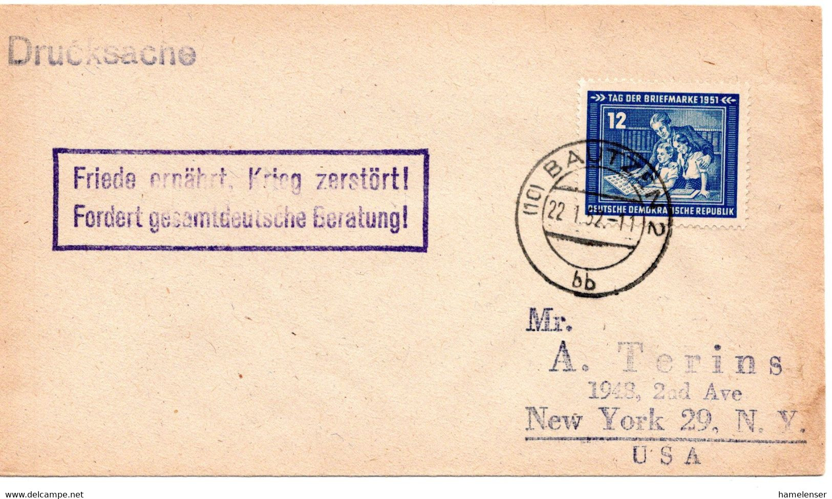 58053 - DDR - 1952 - 12Pfg. Tag Der Briefmarke A DrucksBf BAUTZEN -> New York, NY (USA), M. Propagandastpl. - Covers & Documents