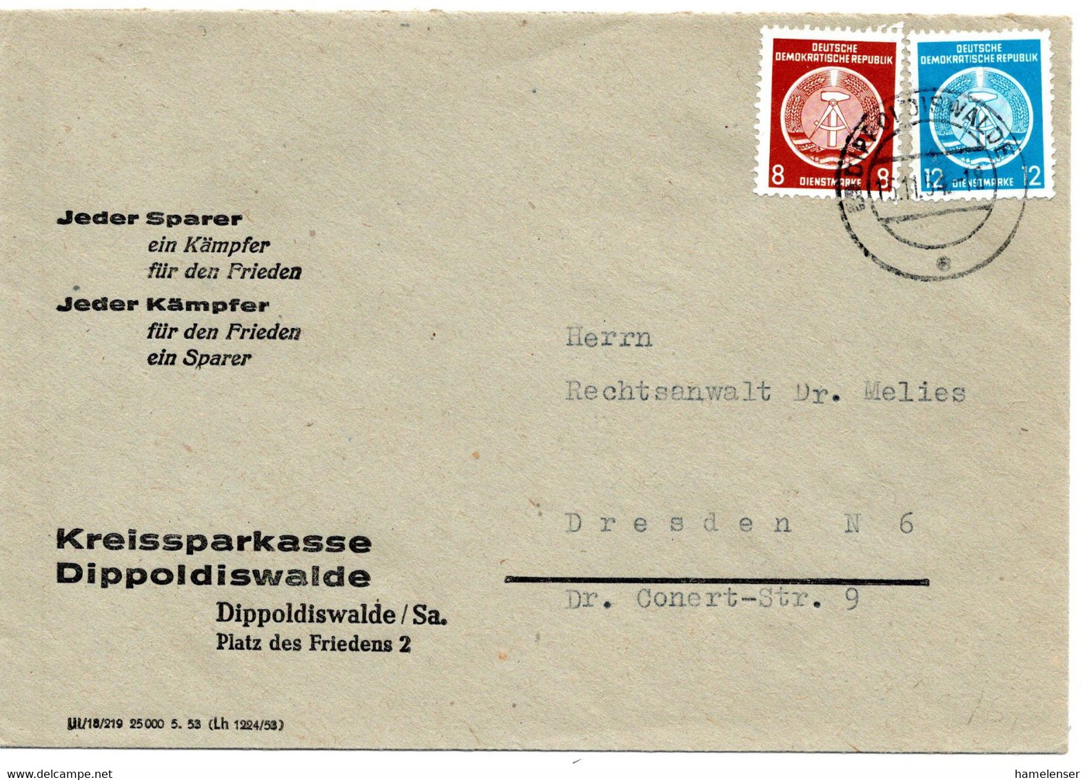 58054 - DDR - 1954 - 12Pfg. Dienst MiF A Bf DIPPOLDISWALDE -> Dresden, M. Propagandaeindruck - Sonstige & Ohne Zuordnung