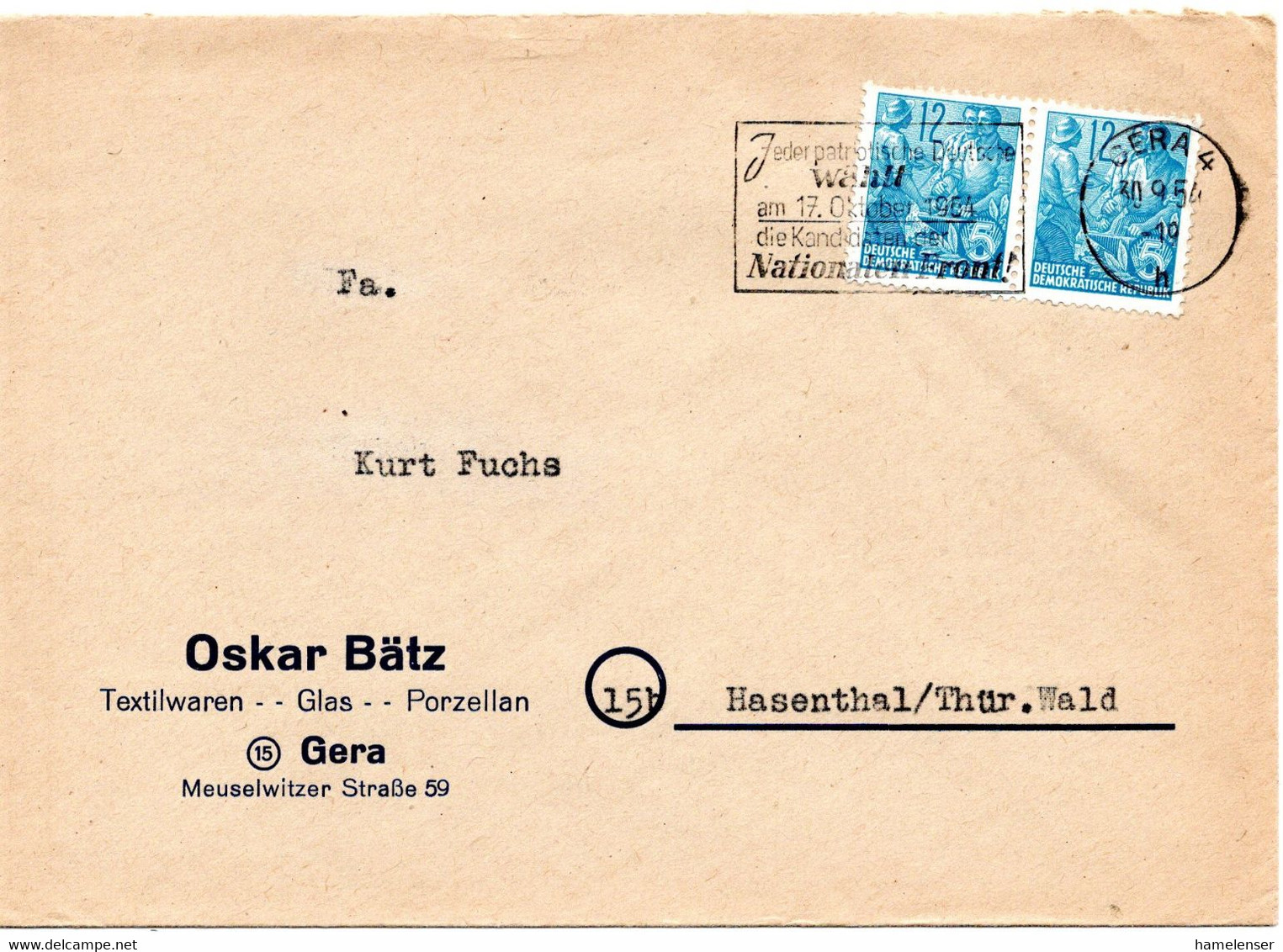 58059 - DDR - 1954 - 2@12Pfg Fuenfjahrplan A Bf GERA - JEDER PATRIOTISCHE DEUTSCHE ... -> Hasenthal - Lettres & Documents