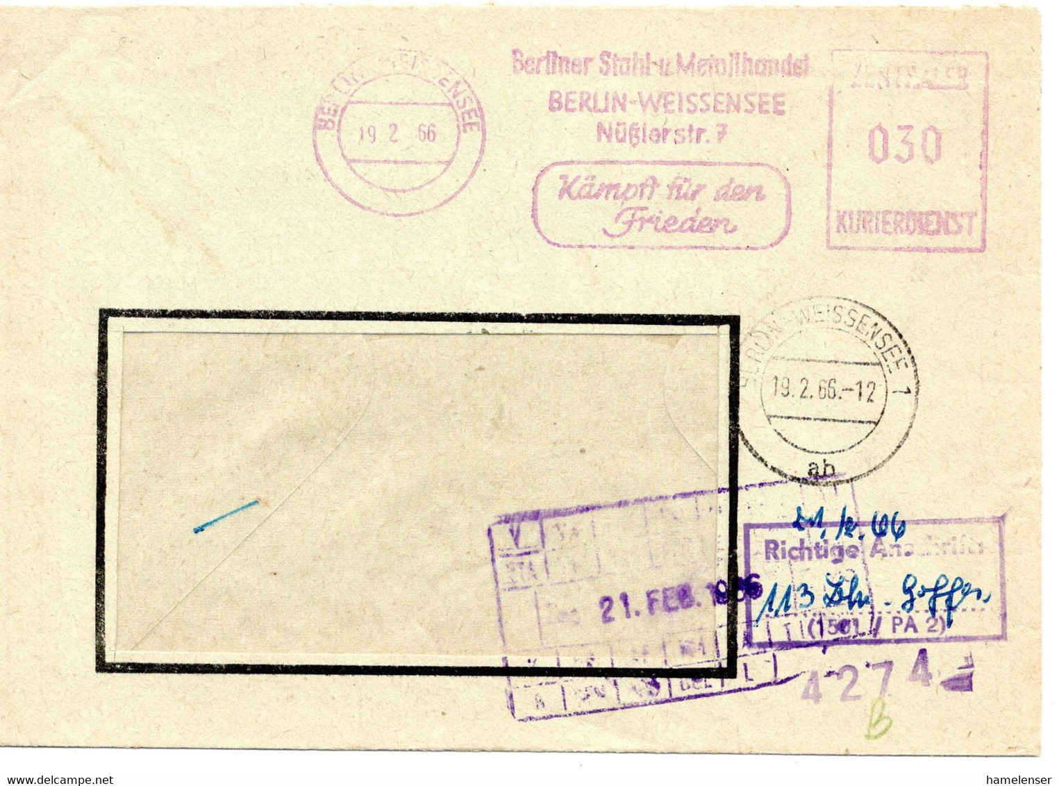 58062 - DDR - 1966 - 30Pfg ZKD-AbsFreistpl A FensterBf BERLIN - BERLINER STAHL- UND METALLHANDEL -> BERLIN - Sonstige & Ohne Zuordnung