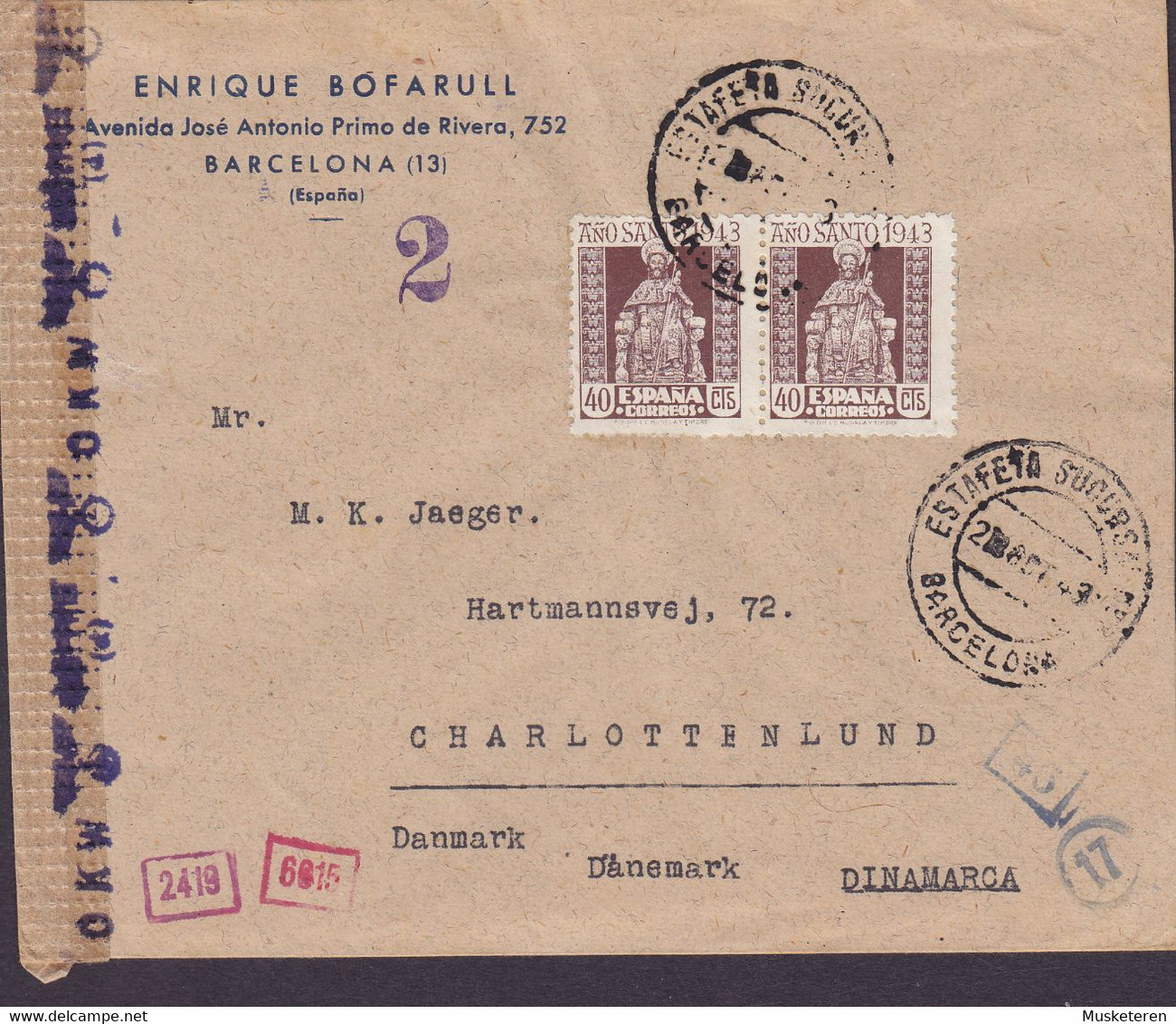 Spain ENRIQUE BOFARULL, BARCELONA 1943 Cover Letra CHARLOTTENLUND Denmark German 'OKW' & Spanish Censor Zensur (2 Scans) - Cartas & Documentos