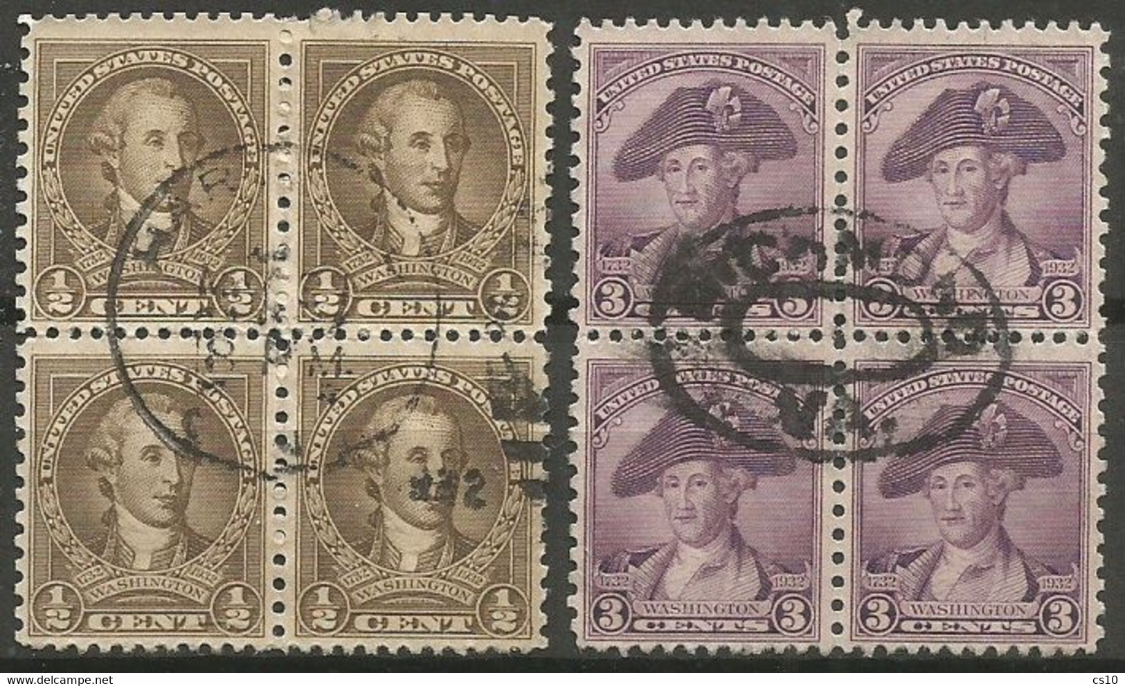 USA 1932 G. Washington Bicentennial  C.1/2 + C.3 ( SC.# 704 + 708 ) In Used Block4 - George Washington