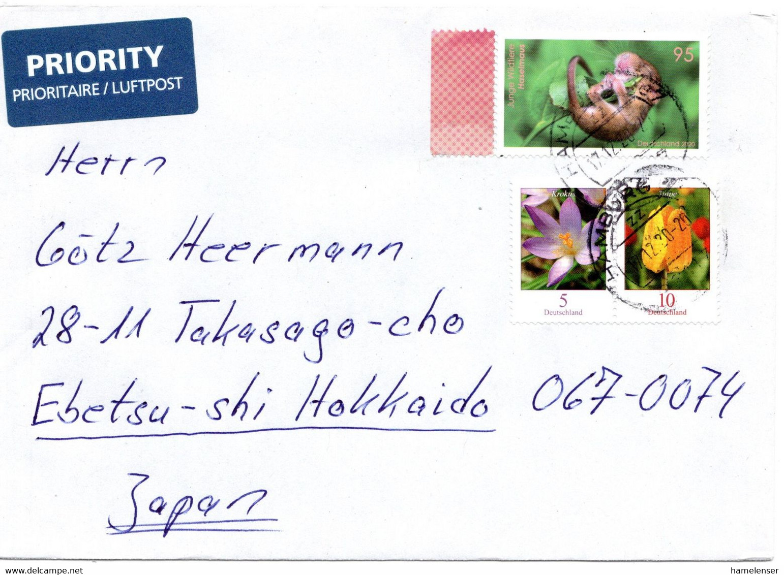 58075 - Bund - 2020 - 95c Haselmaus MiF A LpBf HAMBURG -> Japan - Covers & Documents