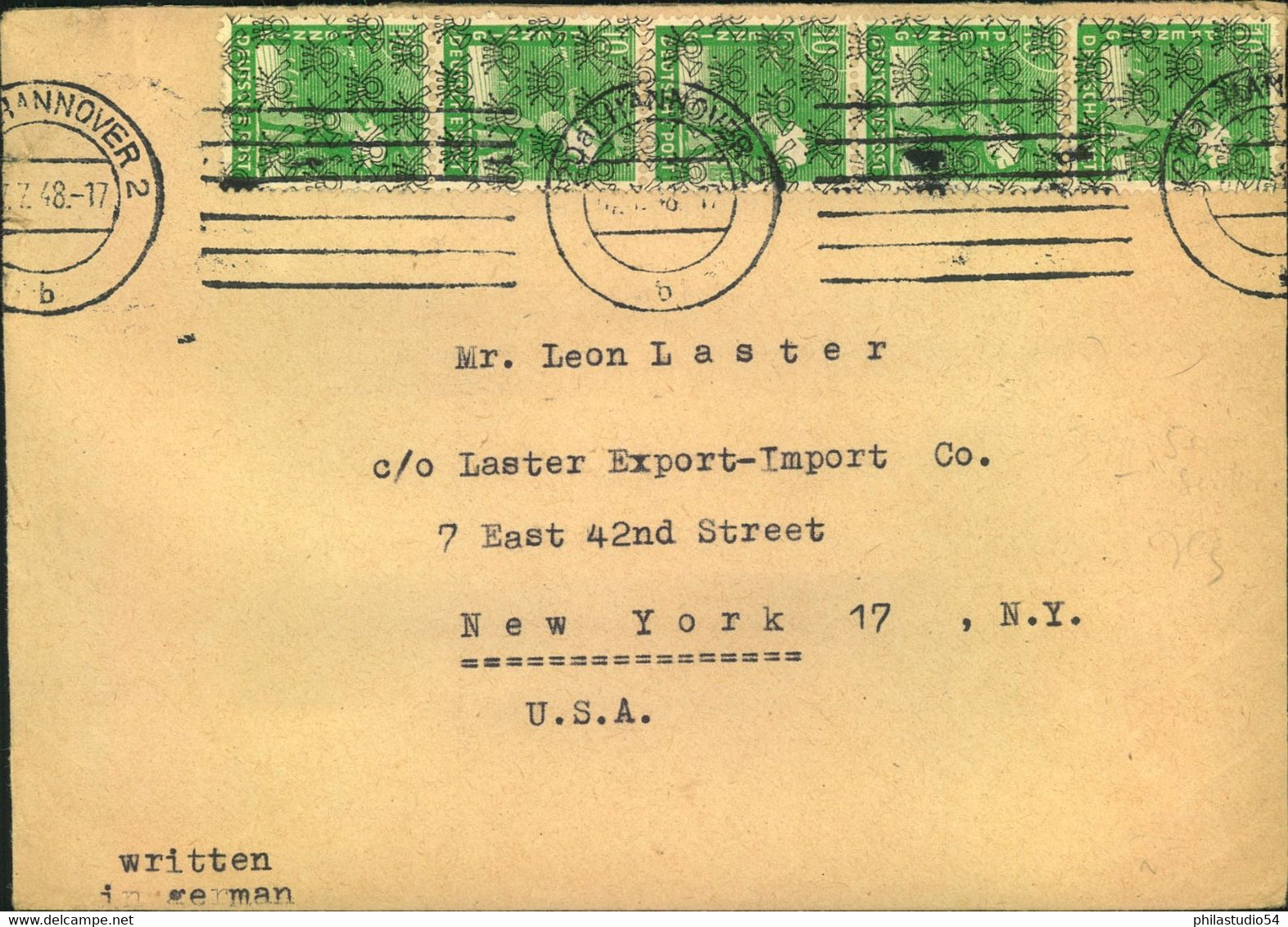 1948, Auslandsbrief Ab "HANNOVRT 10.7.48" Mit MeF 10 Pfg. Bandaufdruck In Fie USA - Altri & Non Classificati