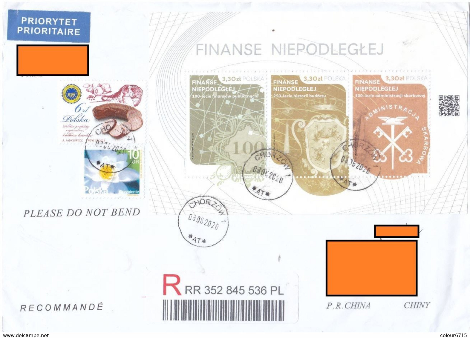 Poland Air Registered Mail Cover To China — 2019 Independent Poland Finances MS/2018 Liszki Sausage Stamps - Cartas & Documentos