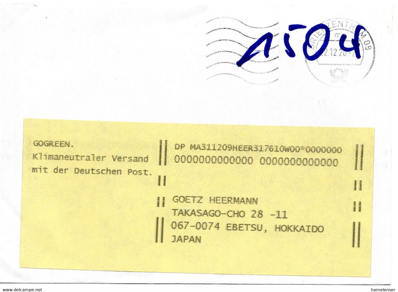 58085 - Bund - 2020 - Unfrank. Bf BRIEFZENTRUM 09 -> Hameln, Nachgesandt Nach Japan, Ohne Nachporto!! - Storia Postale