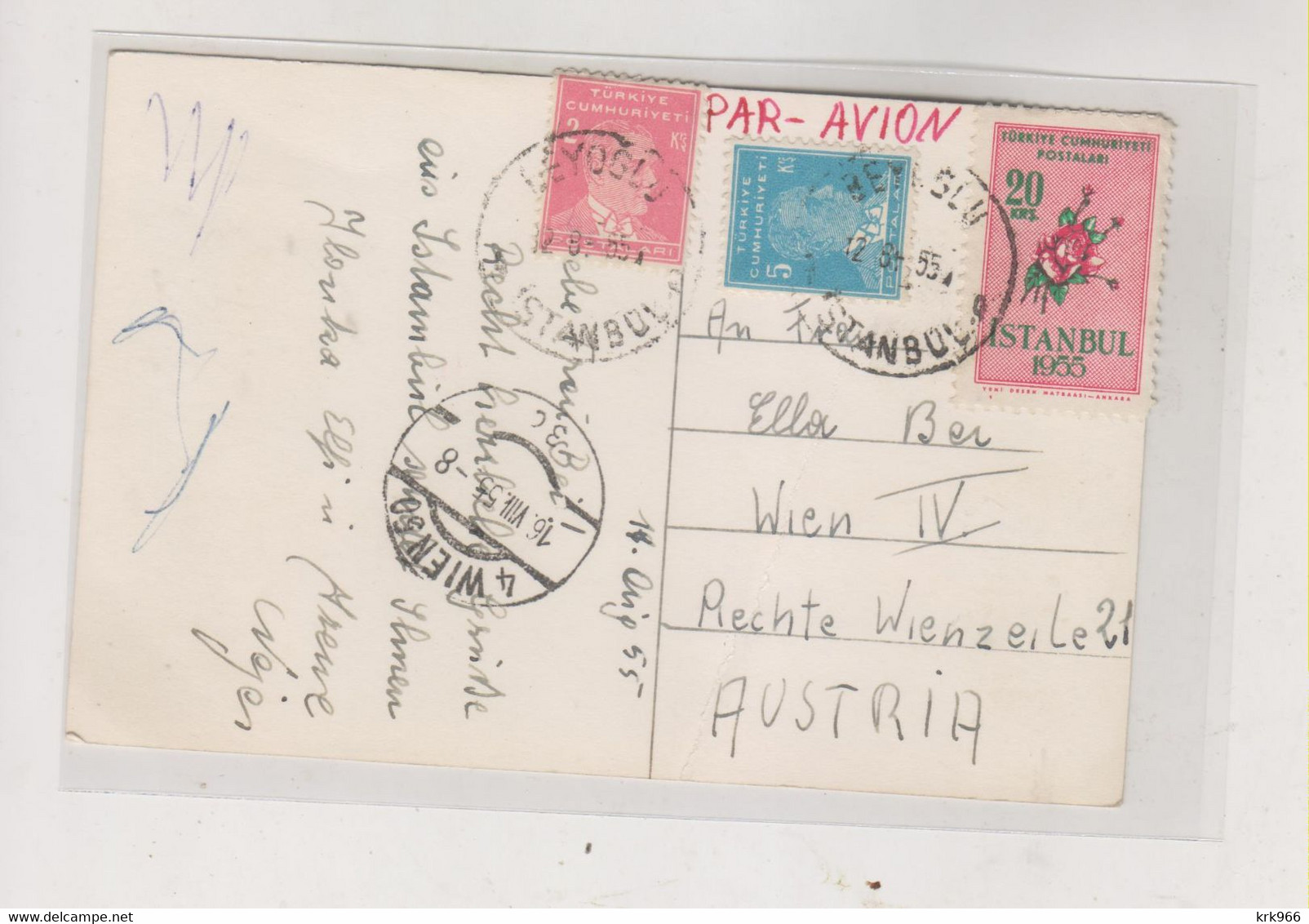 TURKEY 1955 ISTANBUL  Nice Airmail Postcard To Austria - Covers & Documents