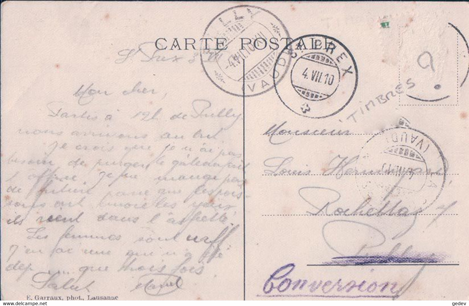 Pully VD, Société Fédérale De Gymnastique, Section De Pully Devant Le Prieuré, Hôtel De Commune (4.7.1910) Tache - Pully