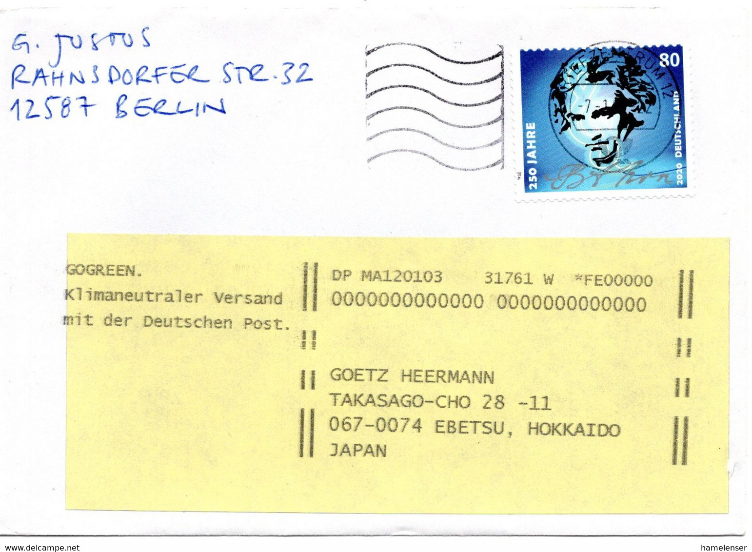 58087 - Bund - 2021 - 80c Beethoven EF A Bf BRIEFZENTRUM 12 -> Hameln, Nachgesandt Nach Japan - Storia Postale