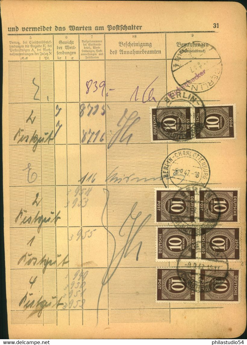 1947, 10 Pfg. Ziffer 8 Stück Je Als MeF Auf Einlieferungsbuchseite "BERLIN-CHARLOTTENBURG - Otros & Sin Clasificación