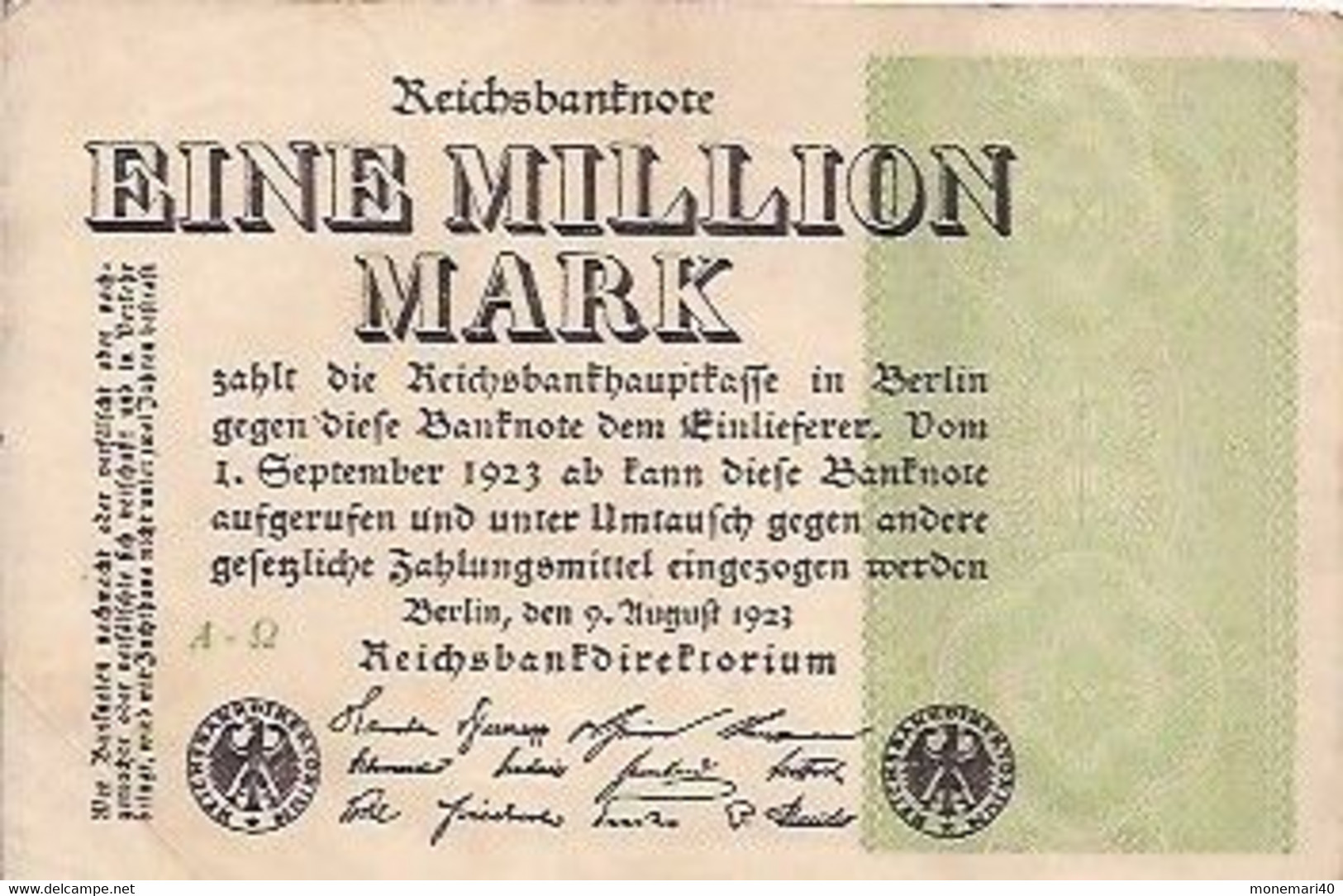 ALLEMAGNE - EINE MILLION MARK (1.000.000) - A Q - 9 AOÛT 1923 - REICHSBANKNOTE - 1000 Mark