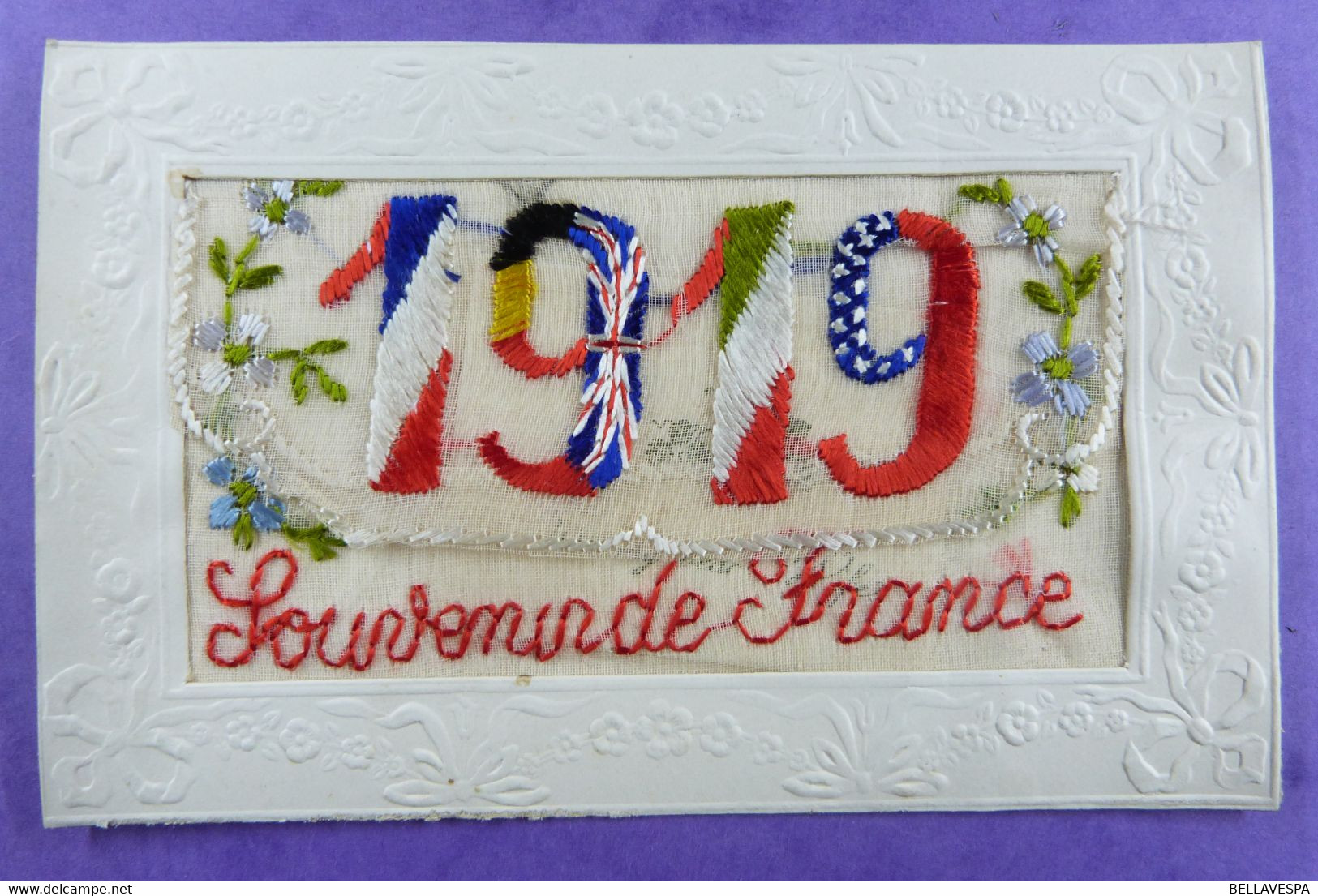 Carte Brodée 1919 Souvenir  France Honour Our Allies 1914-1918 Drapeau Allied Troups Dentelle Lace - Embroidered