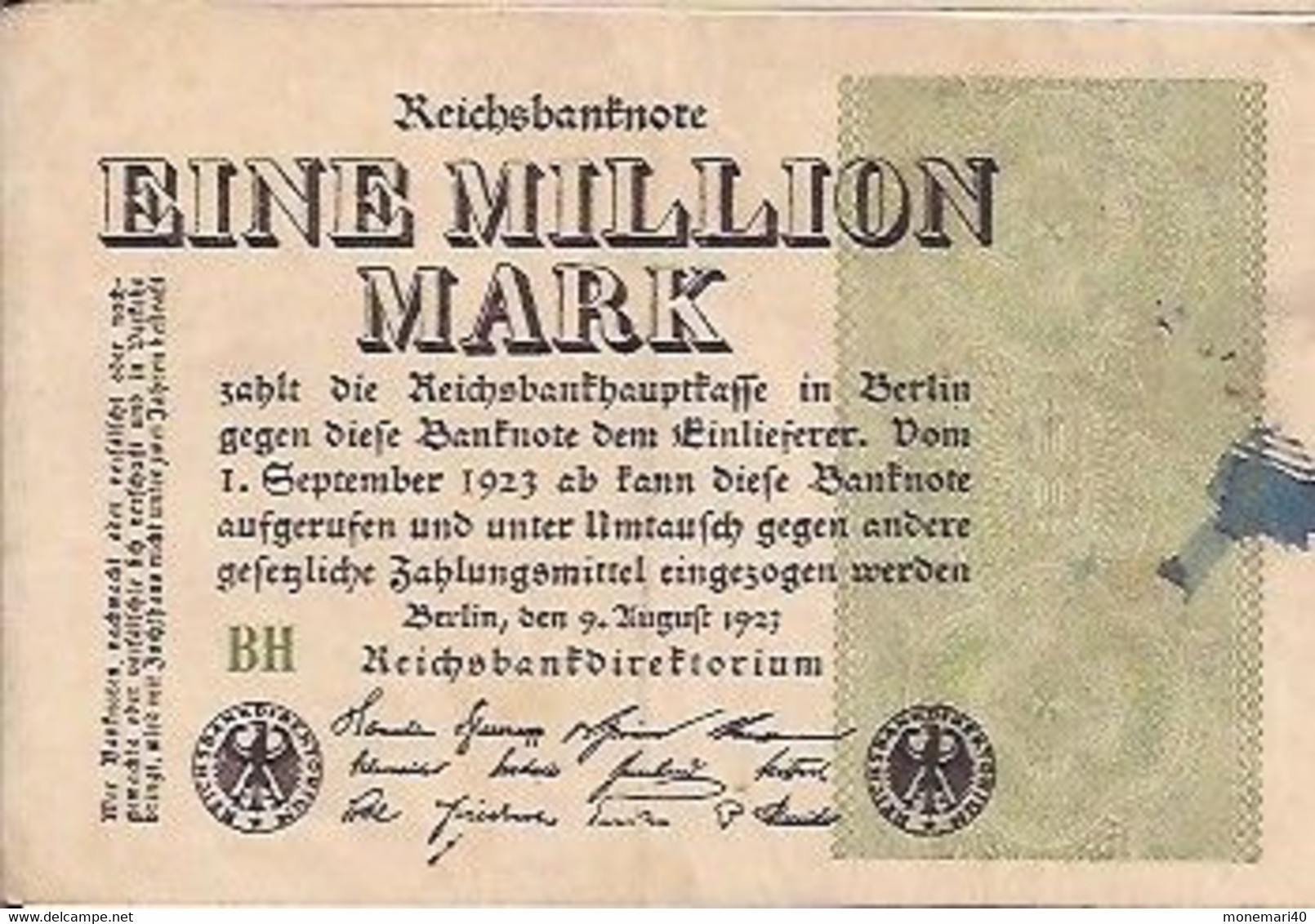 ALLEMAGNE - EINE MILLION MARK (1.000.000) - BH - 9 AOÛT 1923 - REICHSBANKNOTE - 1000 Mark