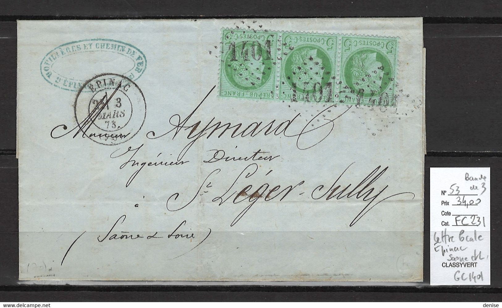 France - Lettre Locale - Epinac Saone Et Loire - 1873 - Yvert 53 Bande De 3 - 1849-1876: Période Classique