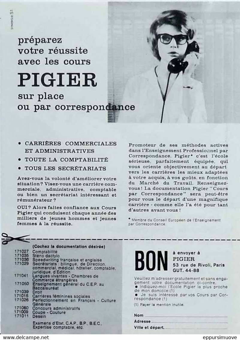 Publicité Papier COURS PIGIER  Octobre 1963 FR - Advertising