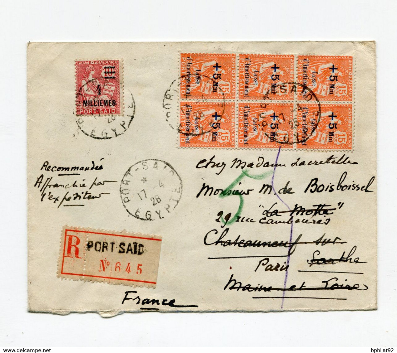 !!! LETTRE RECOMMANDEE DE PORT SAID POUR LA FRANCE DE 1928 - Cartas & Documentos