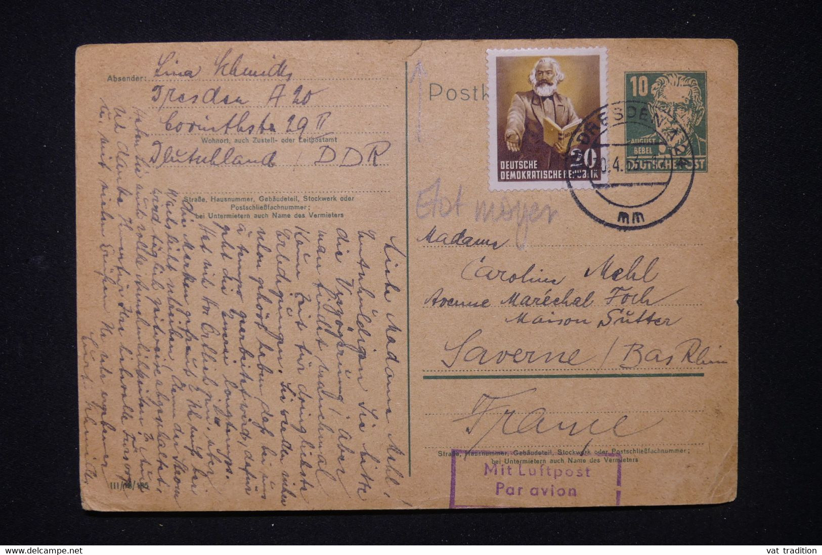 ALLEMAGNE - Entier Postal + Complément De Dresden Pour La France En 1953 Par Avion - L 119264 - Postkaarten - Gebruikt