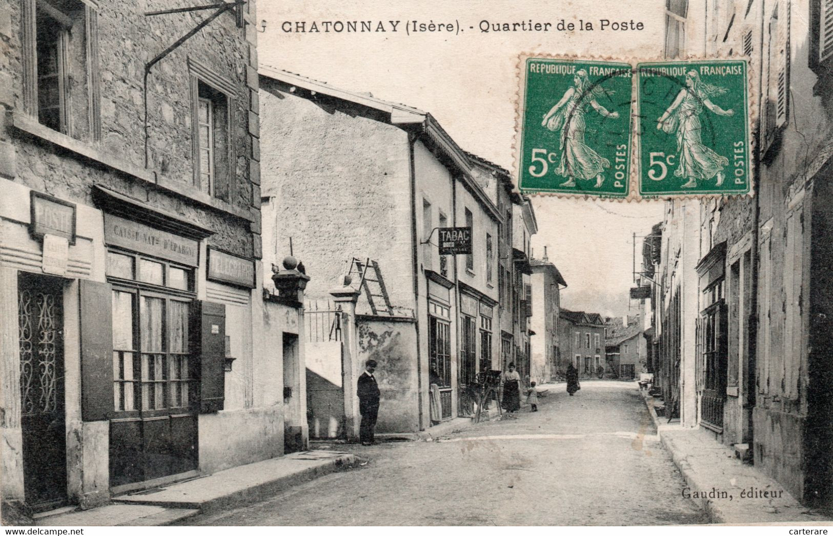 38,ISERE,CHATONNAY,1911,HOTEL,HABITANTS DE L 'EPOQUE,POSTE,CAISSE D'EPARGNE,TABAC,RARE,TIMBRE - Châtonnay