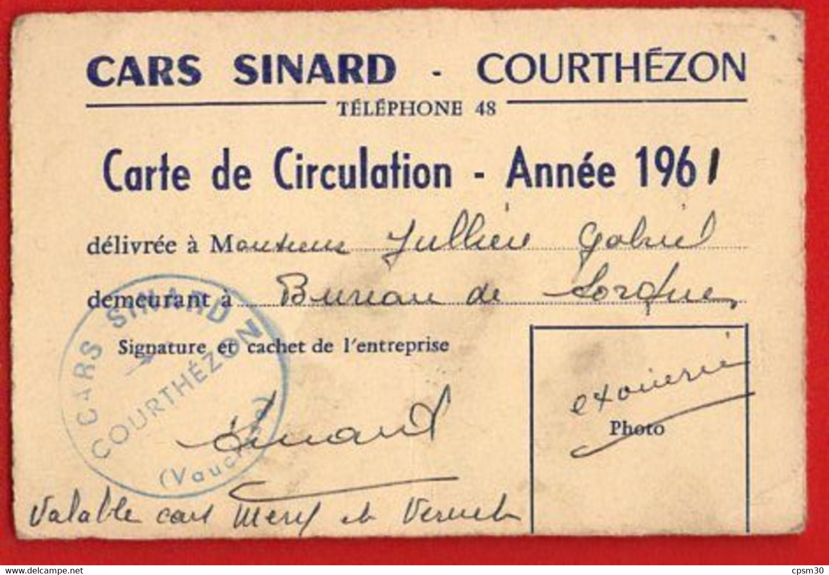 84 Vaucluse, Carte De Visite, Cars SINARD, Carte De Circulation, Année 1961, 84 Courthézon - Other & Unclassified