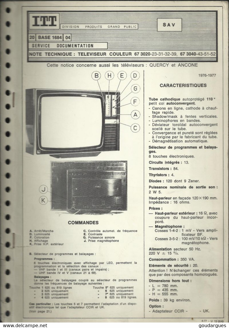 ITT - 20 - Base 1684 - 04 - Note Technique : Téléviseur Couleur 67 3020-23-31-32-39, 67 3040-43-51-52 - Televisie