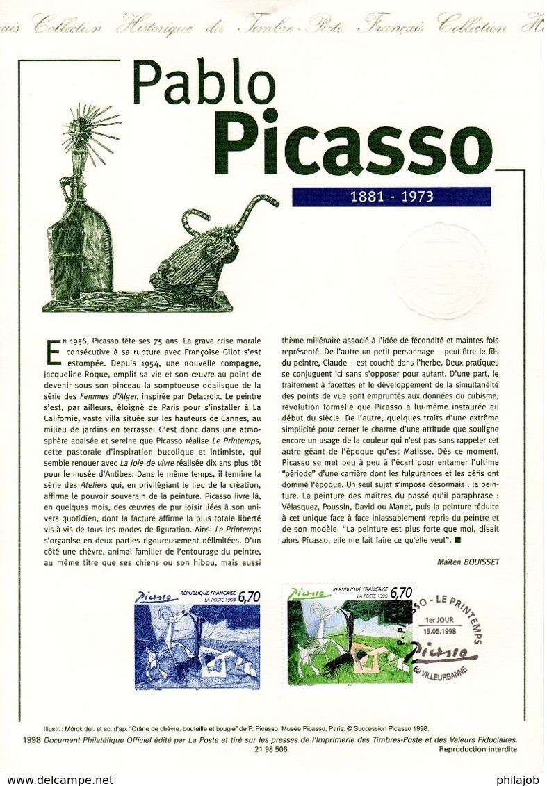 &#127912; (Prix à La Poste = 5 €)   " PABLO PICASSO " Sur Document Philatélique Officiel De 1998 N°YT 3162 Parf état DPO - Picasso