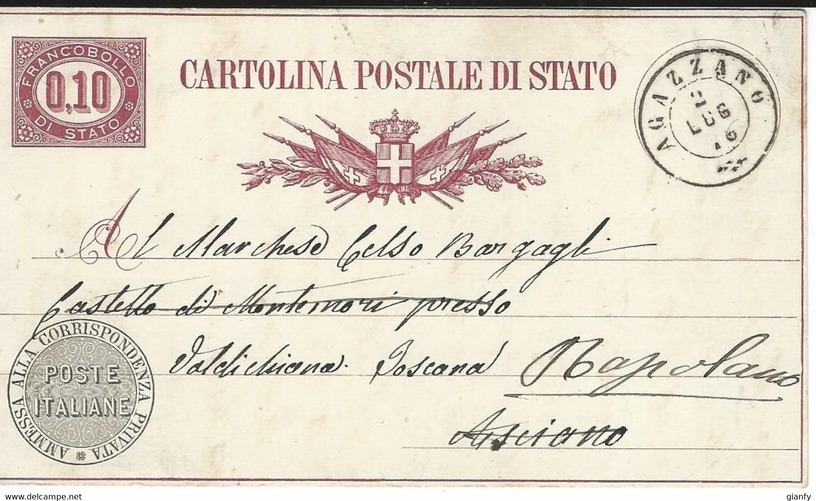 INTERO REGNO SERVIZIO DI STATO 10 CENT 1876 AGAZZANO X RAPOLANO - Entiers Postaux