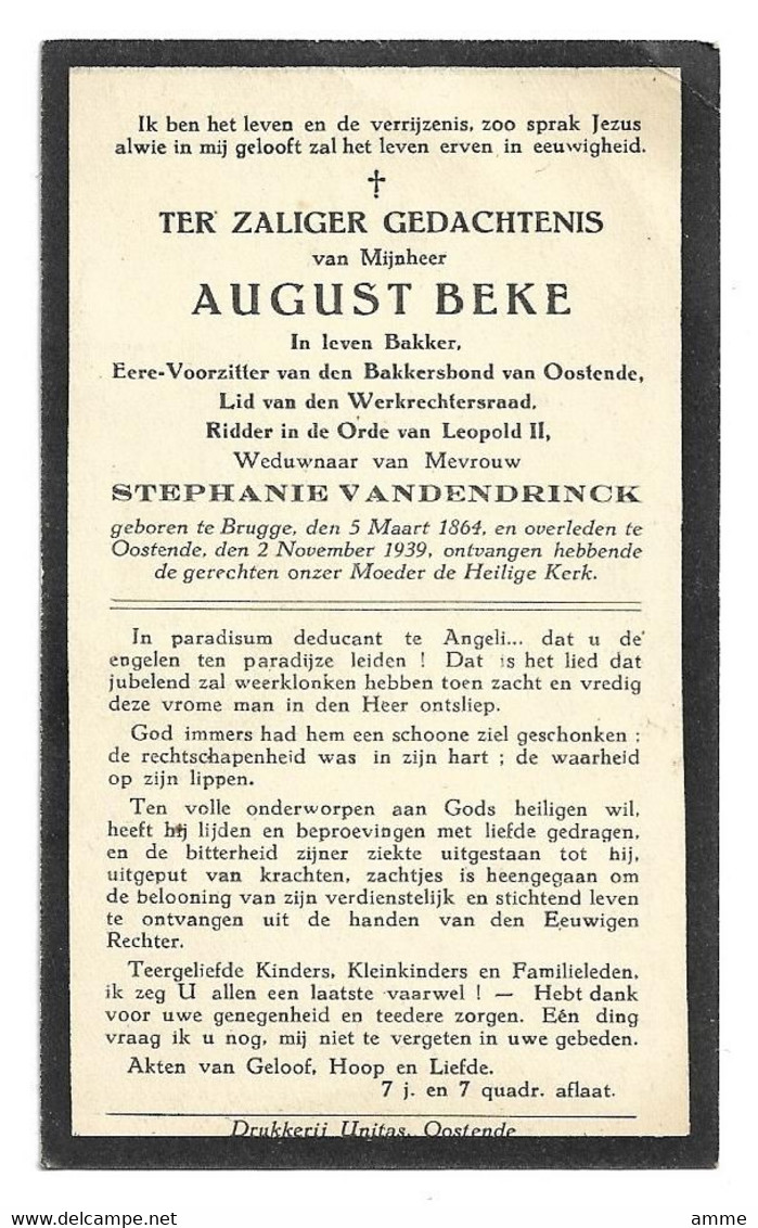 Doodsprentje *  Beke August  (° Brugge 1864 /+ Oostende 1939) X Vandendrinck Stephanie (Bakker - Voorzitter Bakkersbond) - Religion & Esotérisme