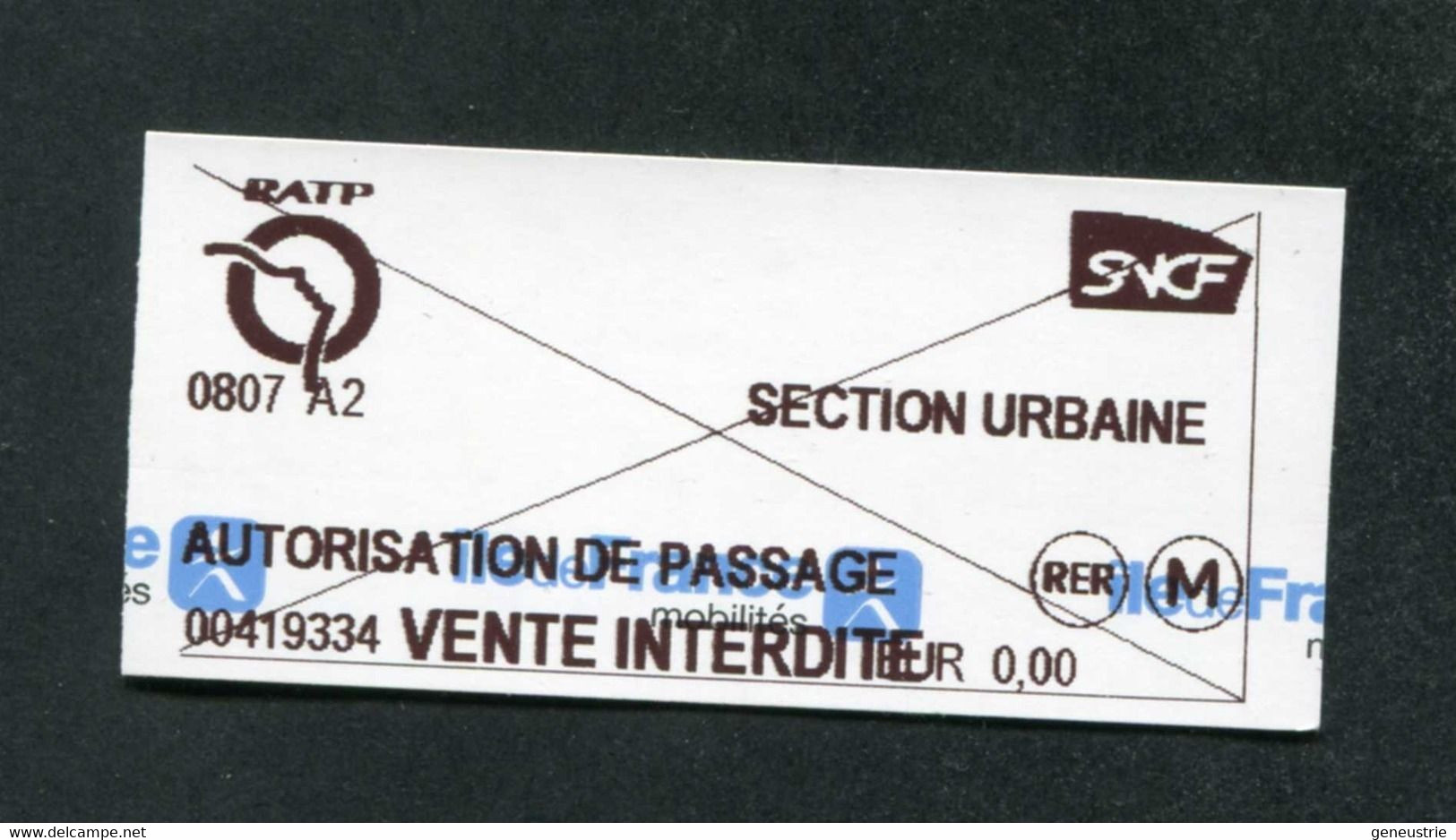 Ticket De Train / Métro - RATP / SNCF (Autorisation De Passage) Paris Train Ticket Ile-de-France Mobilité - Europe