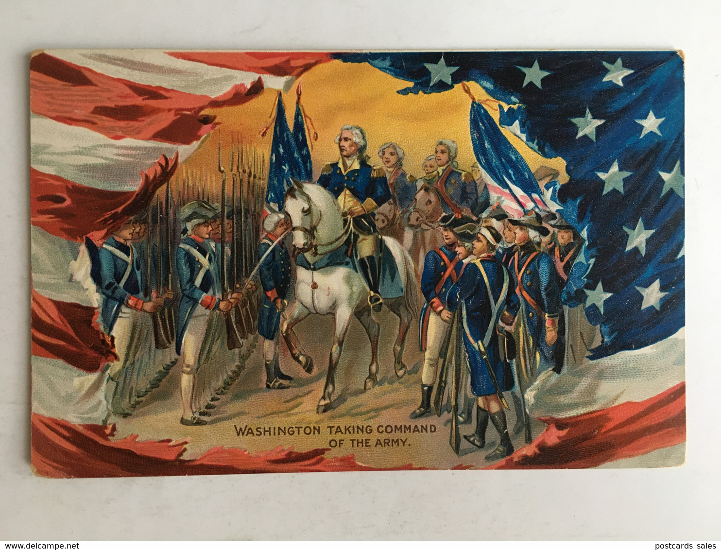 USA - George Washington Taking Command Of The Army Revolutionary War Of Independence American Flag Litho Raphael Tuck - Presidentes