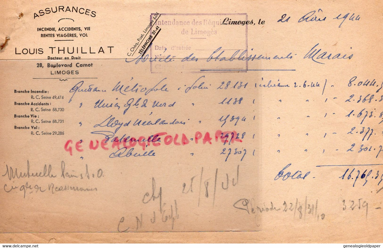 87- LIMOGES- FACTURE ASSURANCES LOUIS THUILLAT-DOCTEUR EN DROIT-28 BD CARNOT- 1944-RARE CACHET REQUISITIONS GUERRE - Bank & Insurance