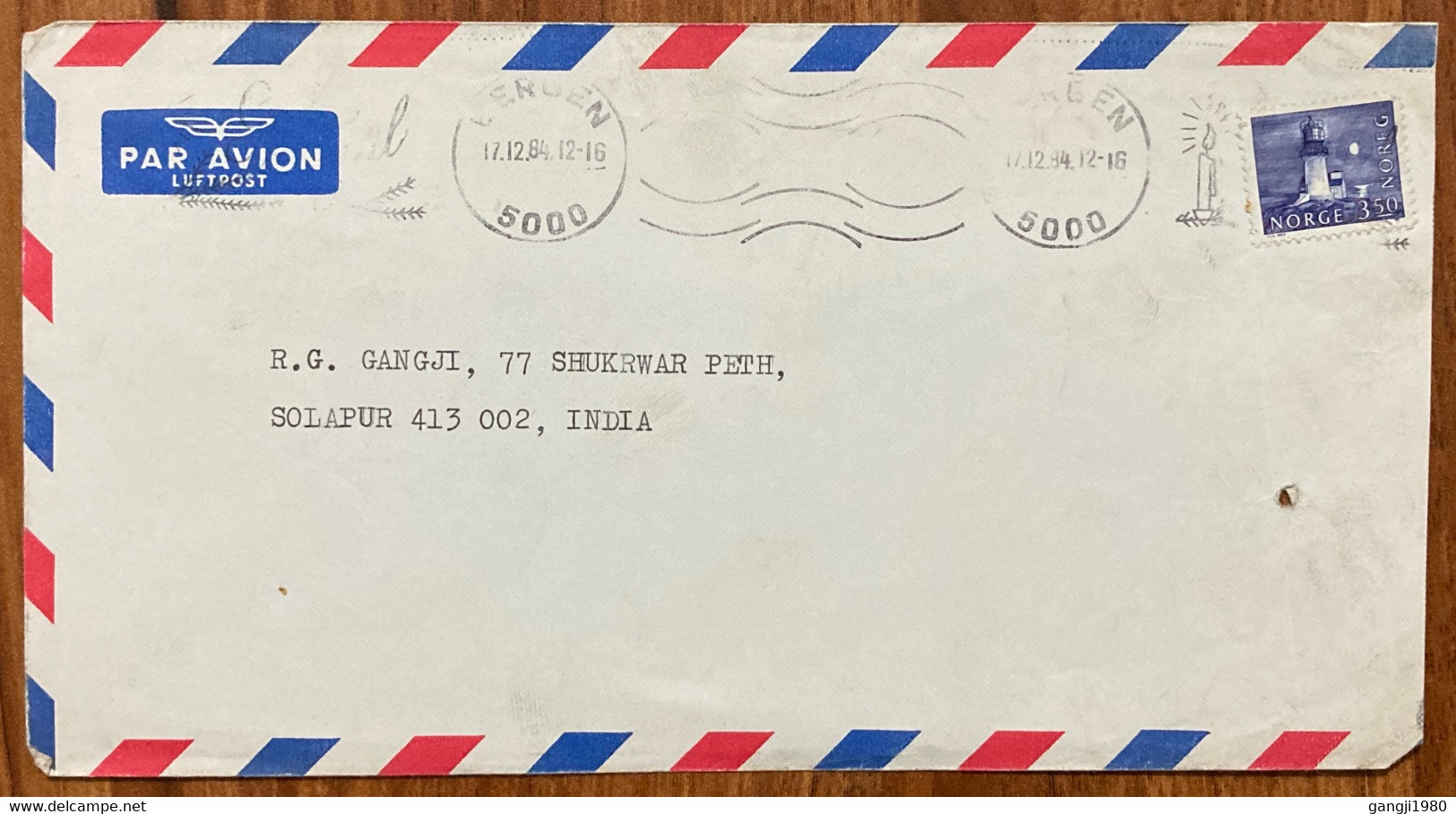 NORWAY,1984, AIR MAIL COVER TO INDIA, BERGEN CITY, CANDLE PICTURE, ROLLAR WAVY CANCELLATION, LIGHT HOUSE STAMP. - Briefe U. Dokumente