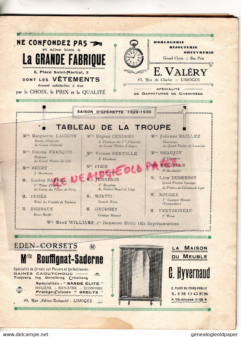 87- LIMOGES- PROGRAMME CIRQUE THEATRE MUNICIPAL-CAZAUTETS-HANS JOUEUR DE FLUTE-PAGANINI-1929-1930-FRANZ LEHAR-BERNIS