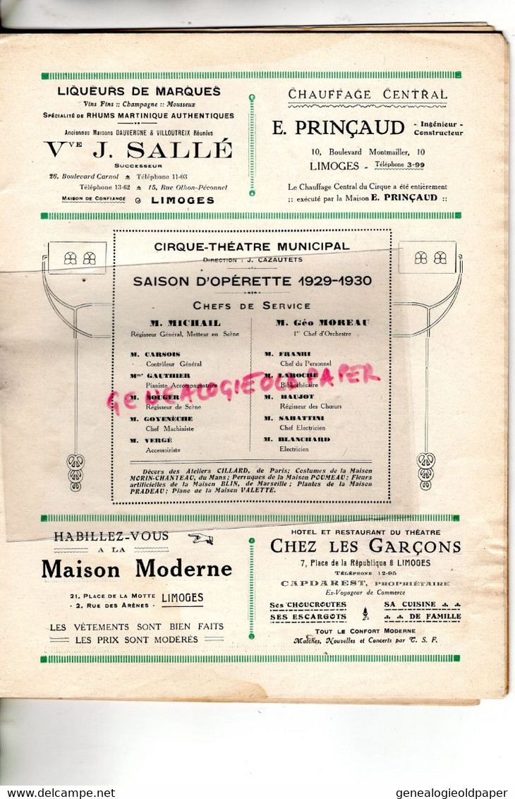 87- LIMOGES- PROGRAMME CIRQUE THEATRE MUNICIPAL-CAZAUTETS-HANS JOUEUR DE FLUTE-PAGANINI-1929-1930-FRANZ LEHAR-BERNIS