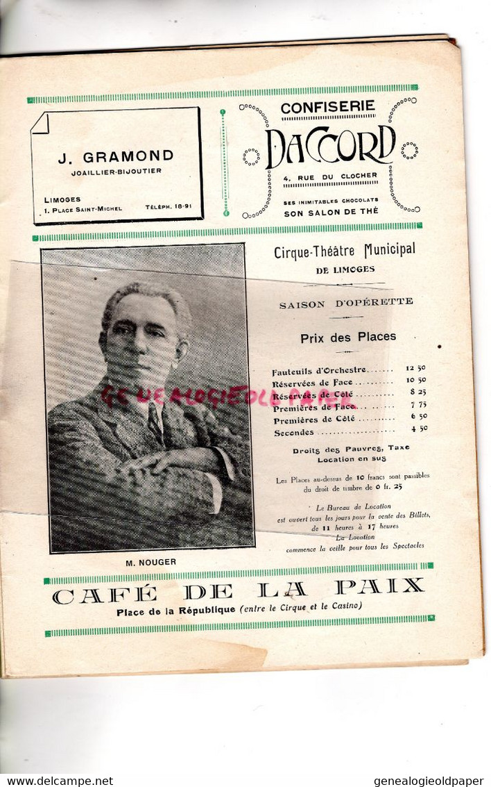 87- LIMOGES- PROGRAMME CIRQUE THEATRE MUNICIPAL-CAZAUTETS-HANS JOUEUR DE FLUTE-PAGANINI-1929-1930-FRANZ LEHAR-BERNIS