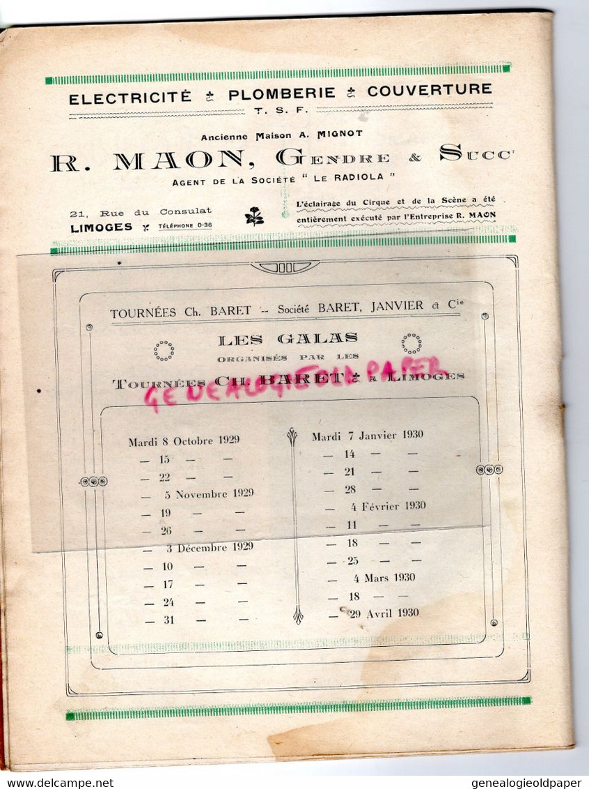 87- LIMOGES- PROGRAMME CIRQUE THEATRE MUNICIPAL-CAZAUTETS-HANS JOUEUR DE FLUTE-PAGANINI-1929-1930-FRANZ LEHAR-BERNIS