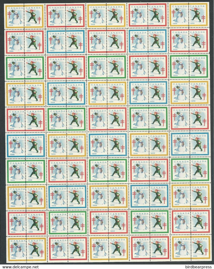 B69-17 CANADA 1958 Christmas Seals Sheet Of 100 MNH Snowman - Local, Strike, Seals & Cinderellas