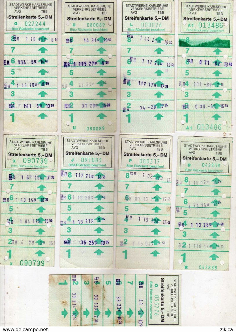 Transportation Tickets LOT - 9 Strip Tickets Karlsruhe  AVG & TBB ( Bus And Tramway ),Germany - Other & Unclassified