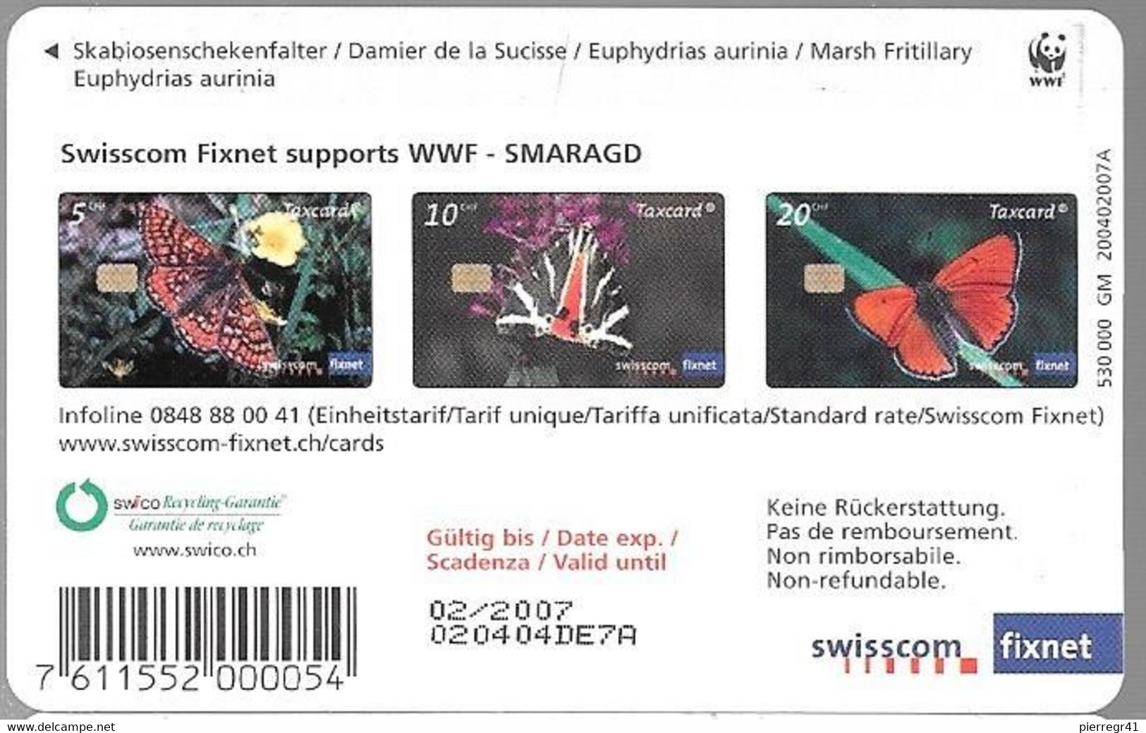 -CARTE-PUCE-SUISSE-5CH-02/2007-PAPILLON -TBE - Vlinders