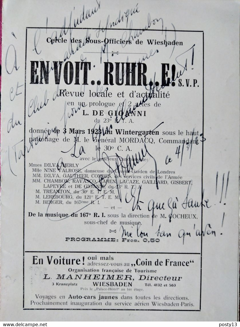 Occupation De La Ruhr - 1923 - Programme Du Cercle Des Sous-officiers De Wiesbaden Sous Patronnage Du Général Mordacq BE - Non Classificati