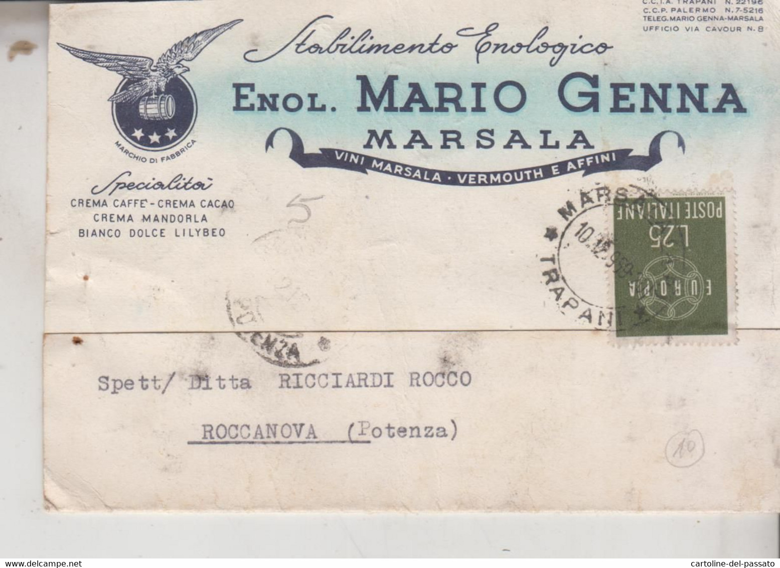 MARSALA  STORIA POSTALE  1959  STABILIMENTO ENOLOGICO M. GENNA  VINI MARSALA VERMOUTH - Marsala