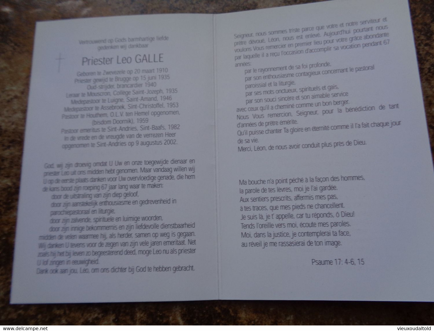 Doodsprentje/Bidprentje  Priester Leo GALLE  Zwevezele 1910-2002 St Andries  Oud-strijder/ Leraar/Medepast./Pastoor .... - Religion & Esotericism