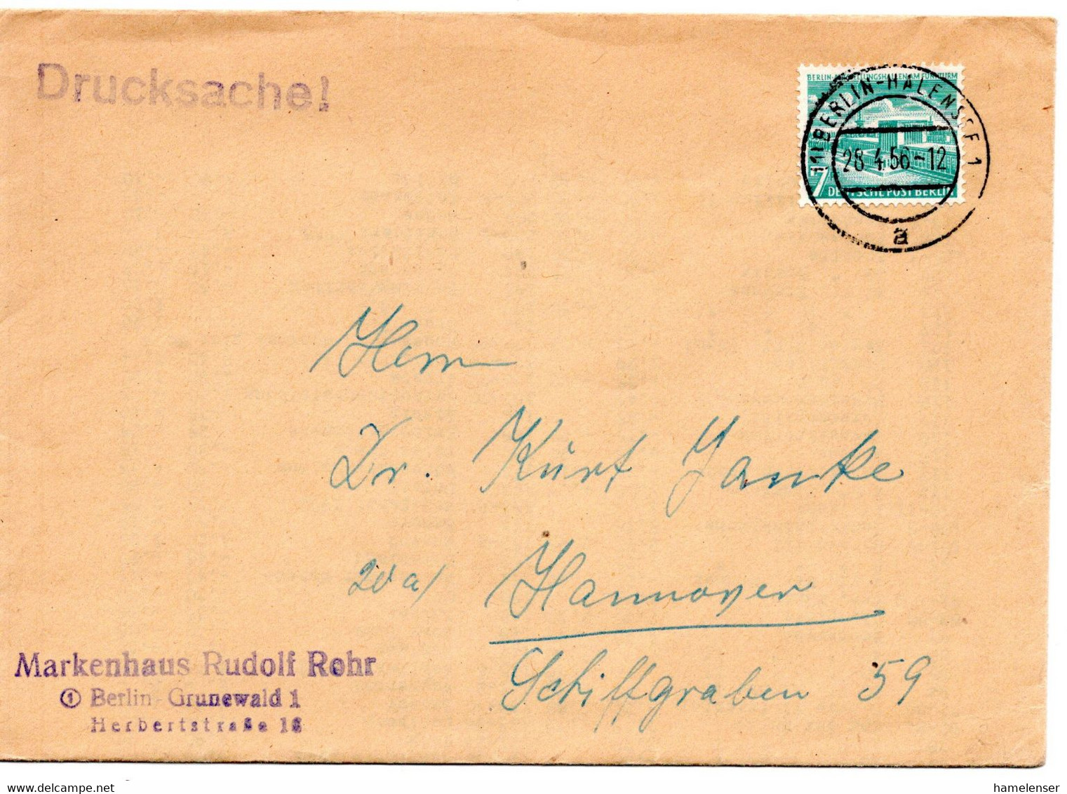 58100 - Berlin - 1956 - 7Pfg Bauten EF A DrucksBf BERLIN -> Hannover, M. Inhalt - Cartas & Documentos