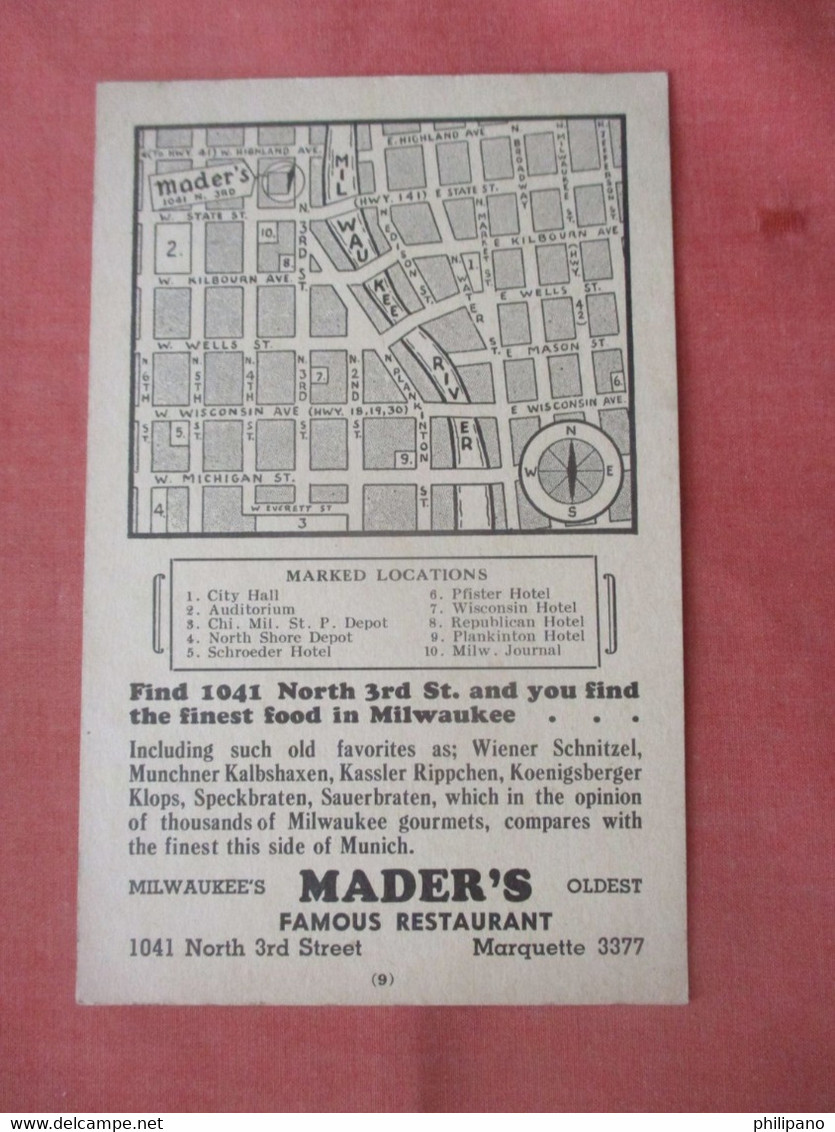 Map. Mader's Restaurant.  Milwaukee Wisconsin > Milwaukee Ref 5574 - Milwaukee