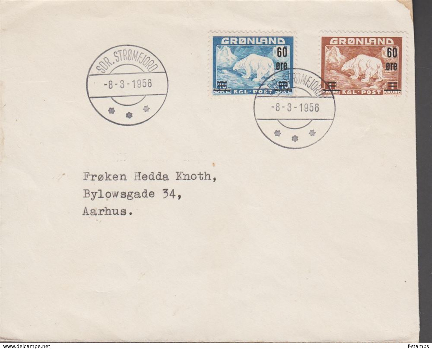 1956. GRØNLAND. Surcharge Complete Set On FDC Cancelled SDR. STRØMFJORD 8.3.1956.  (Michel 37-38) - JF518884 - Cartas & Documentos