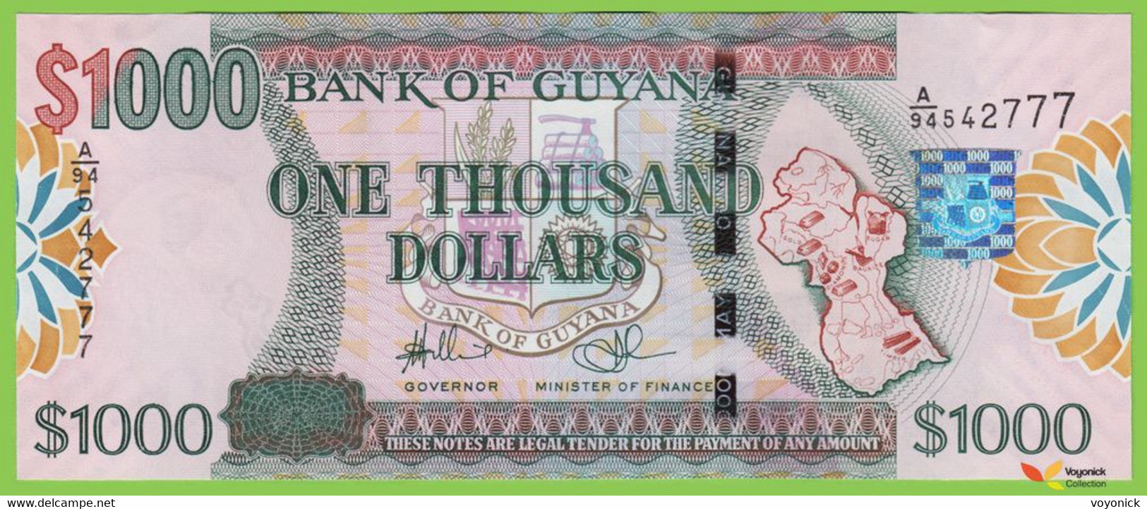 Voyo GUYANA 1000 Dollars ND(2009) P#38b B115b Prefix A/94 UNC - Guyana