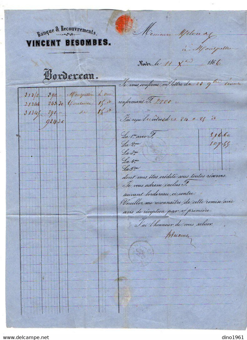 VP19.456 - 1867 - Lettre / Bordereau - Banque & Recouvrements Vincent BESOMBES à RODEZ Pour MONTPELLIER - Bank En Verzekering