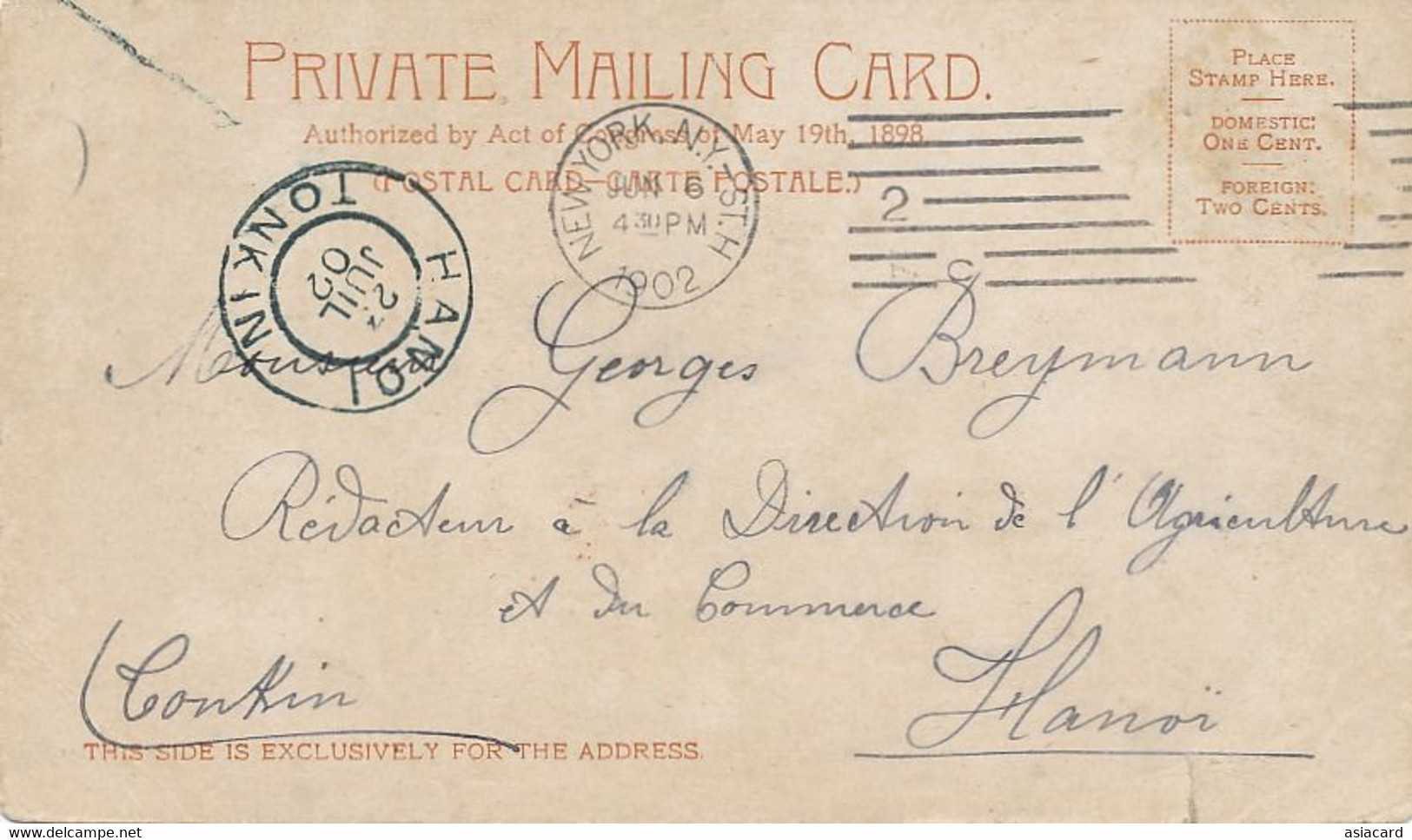 Private Mailing Card Broadway North From Dey St. New York Used 1902 To Breymann Agriculture Hanoi Tonkin - Broadway