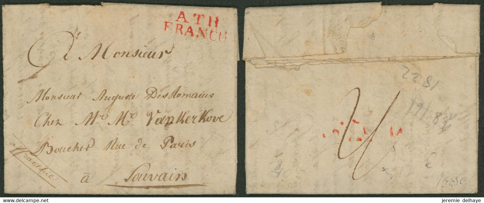 Précurseur - LAC Datée De Frasnes (1822) + Obl Linéaire Rouge ATH / FRANCO > Louvain / Manusc. "affranchie" - 1815-1830 (Holländische Periode)